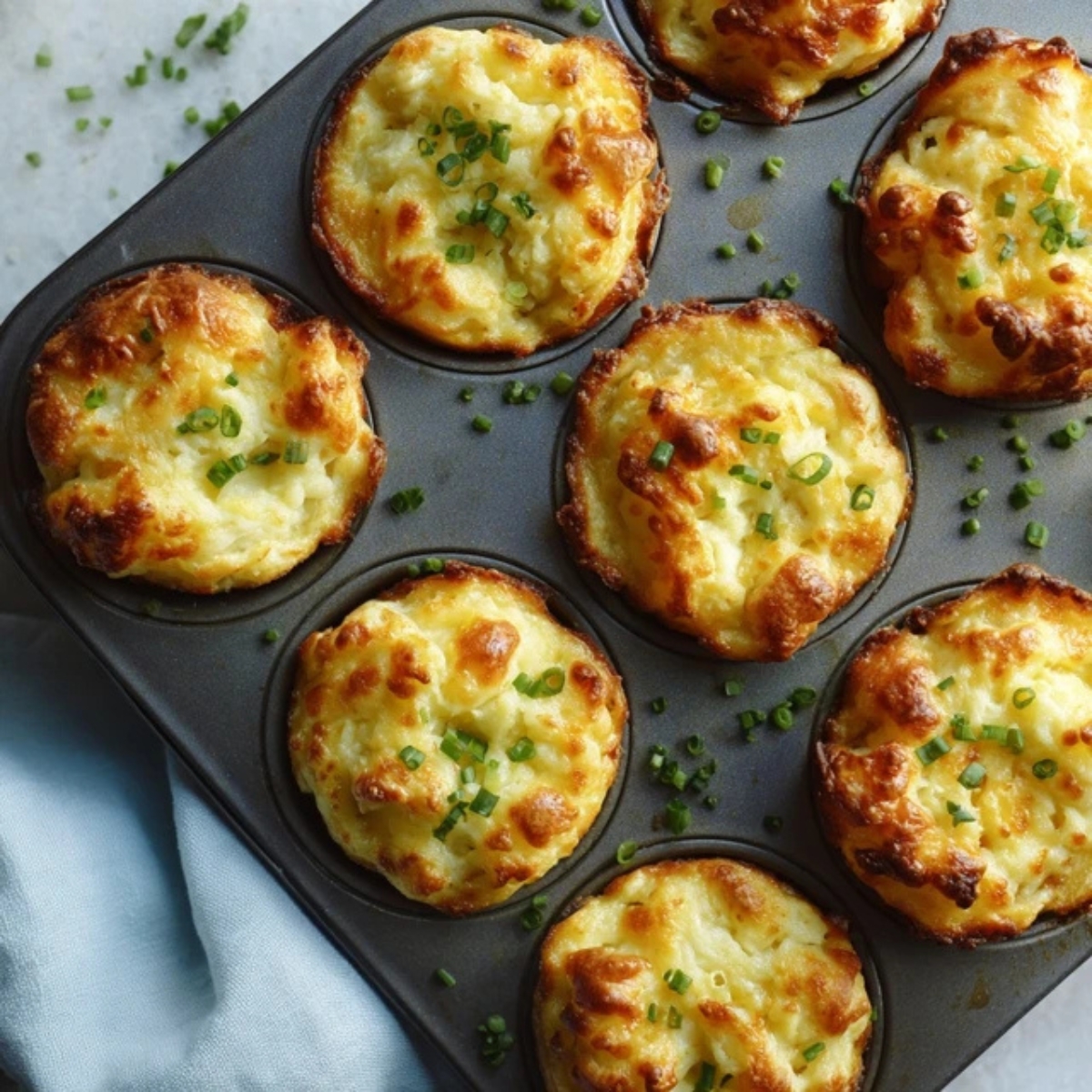 Baked mashed potato cheese puffs in muffin tin with golden tops