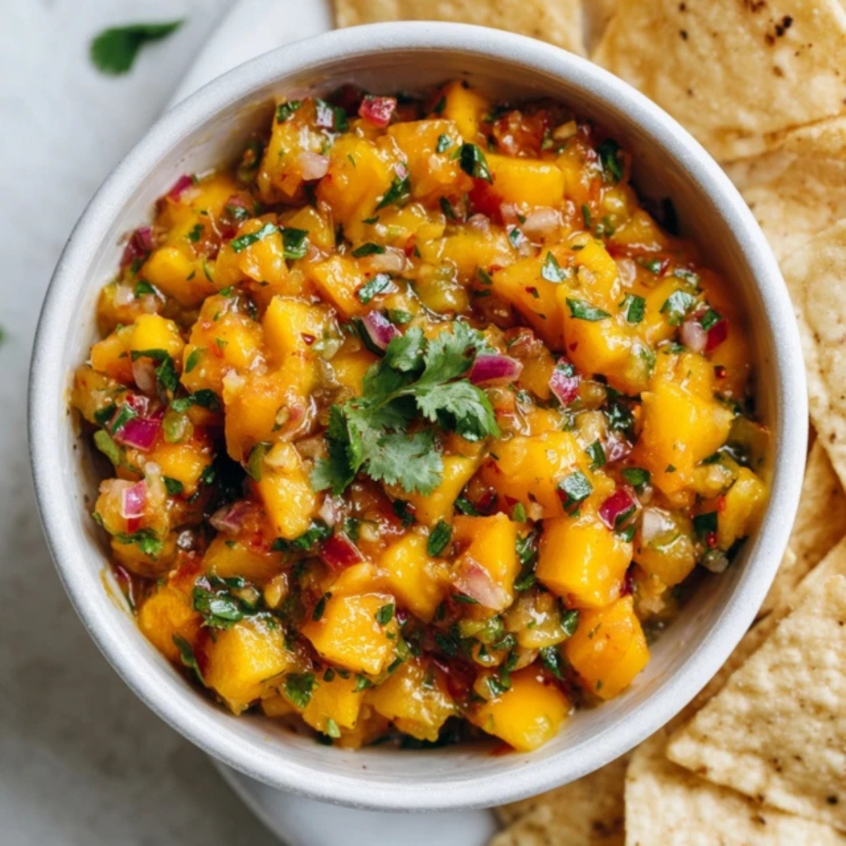 Finished peach mango salsa with chips on white counter

