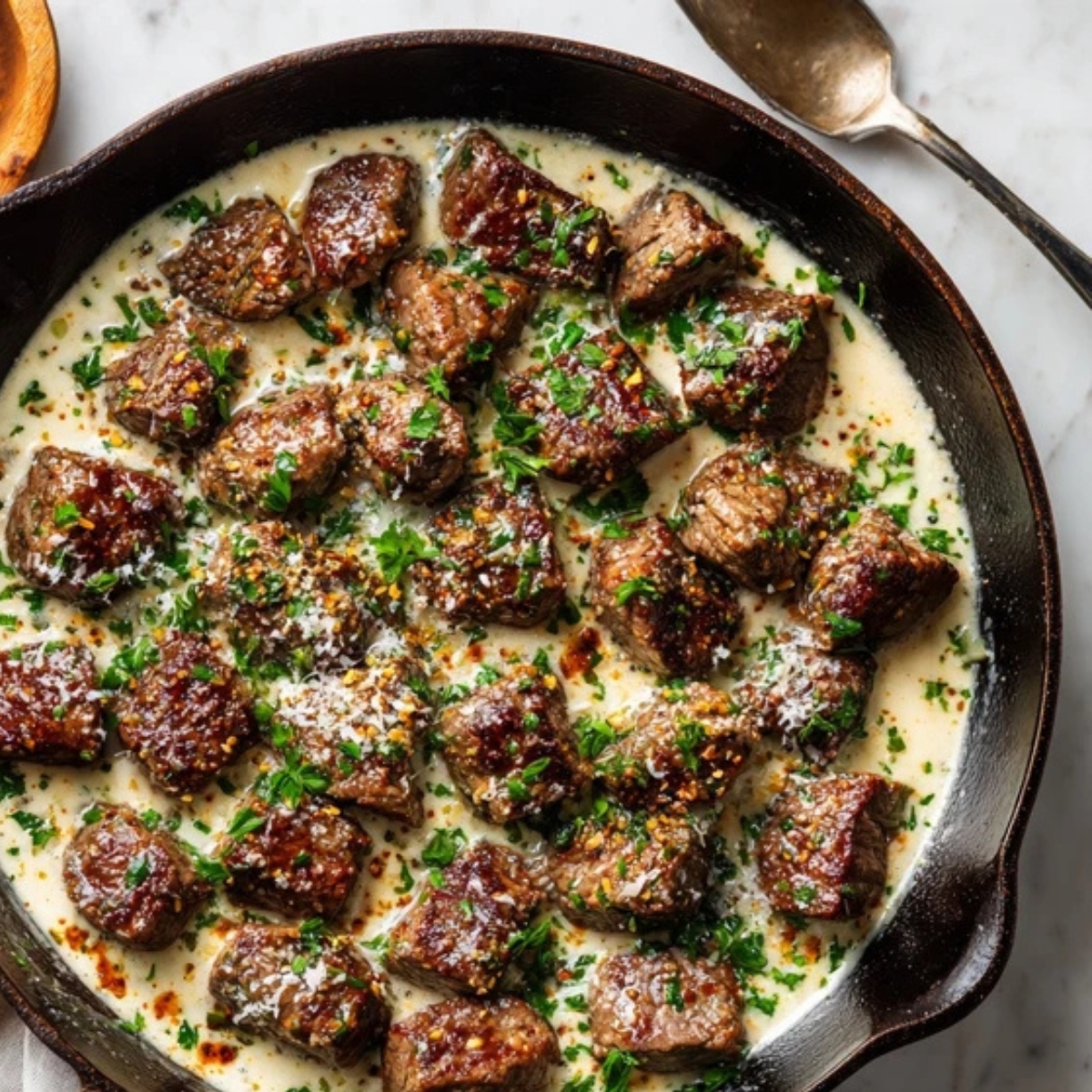 creamy garlic butter steak bites garnished with parsley