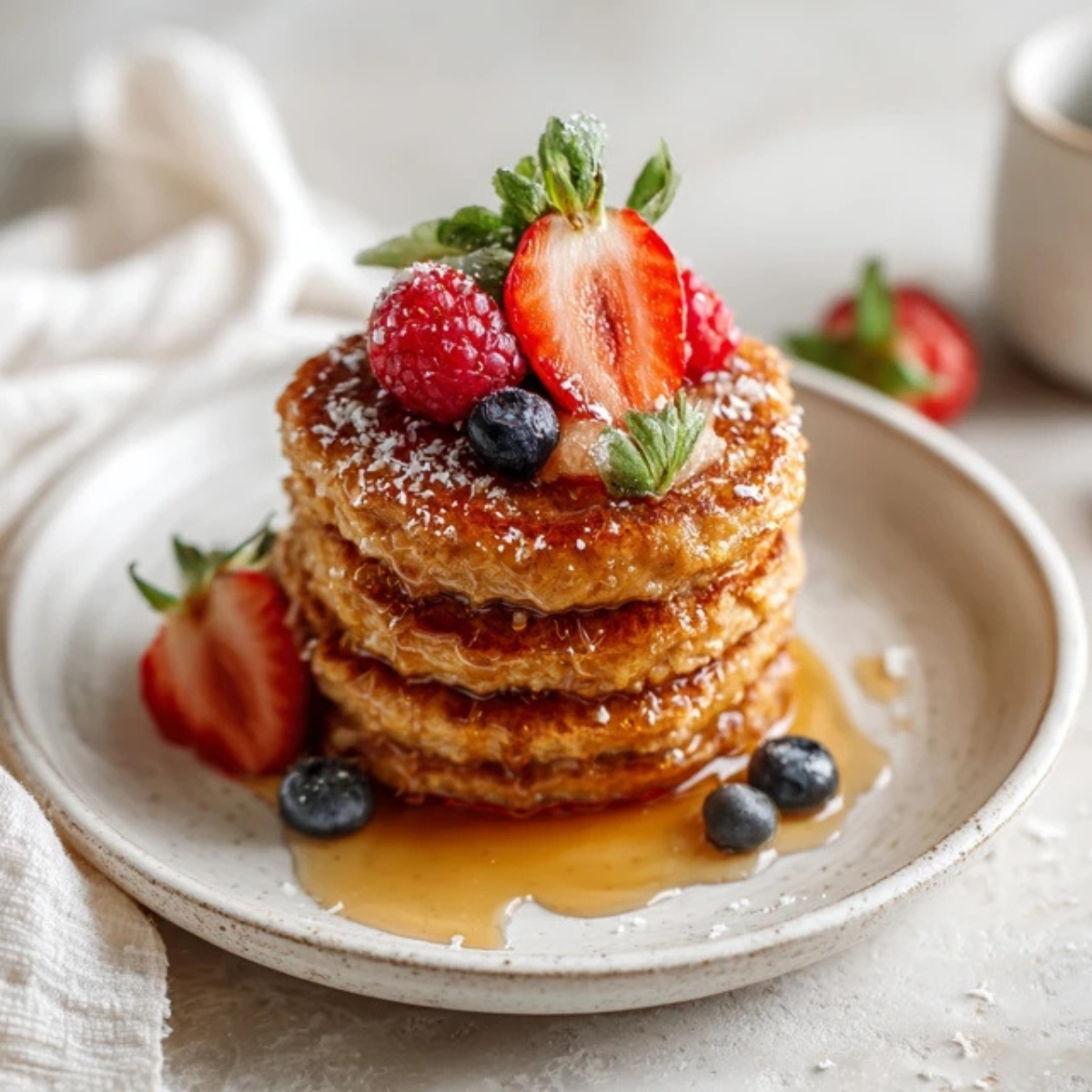 Stack of homemade sweet potato egg pancakes with syrup and fruit