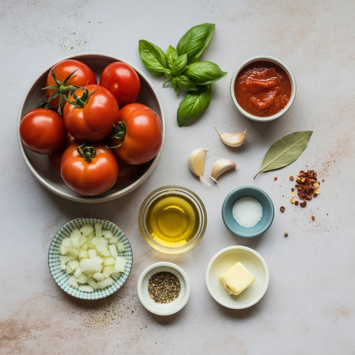 Tomato basil pasta sauce ingredients on kitchen counter

