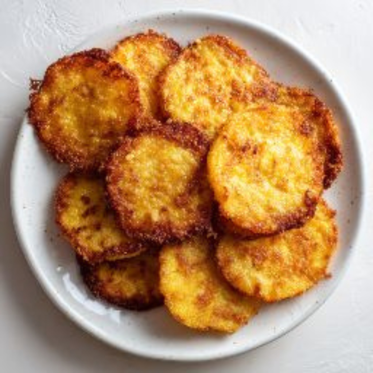 Crispy fried yellow squash slices stacked on a white plate on a white kitchen counter