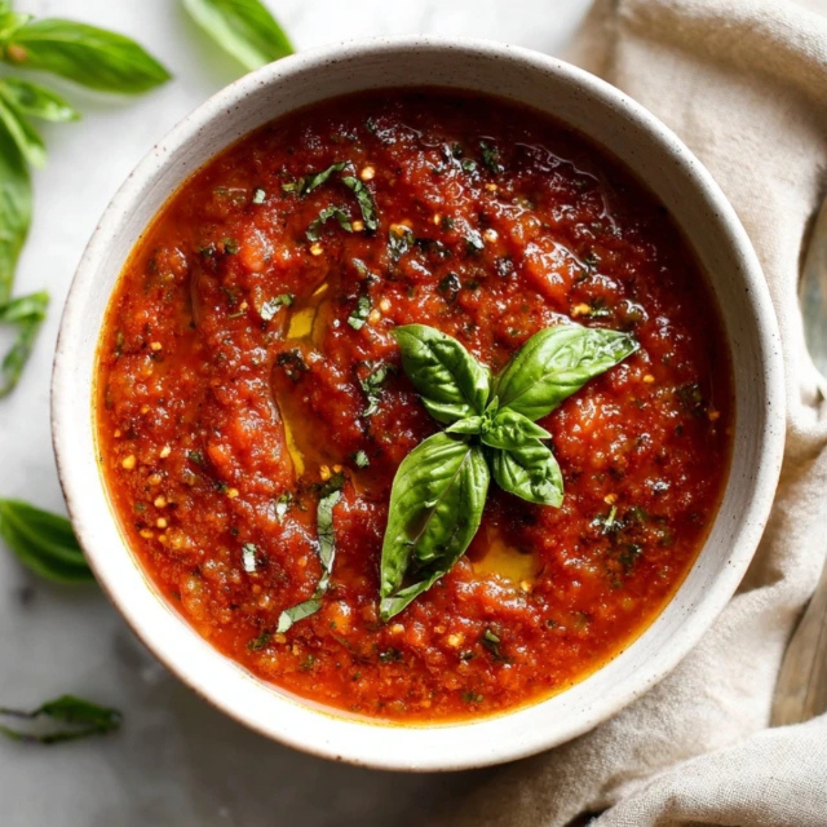 Homemade tomato basil pasta sauce in bowl with fresh basil