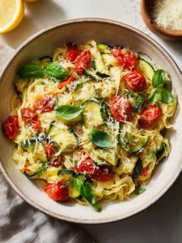 Zucchini tomato pasta with basil and Parmesan in a bowl