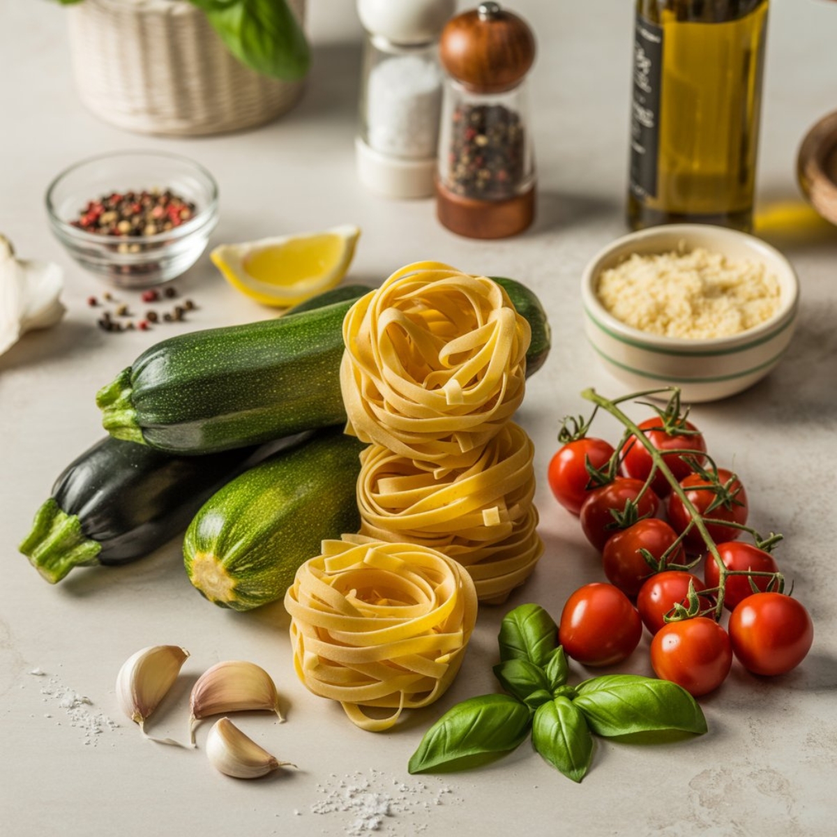 Raw ingredients for zucchini tomato pasta on white counter