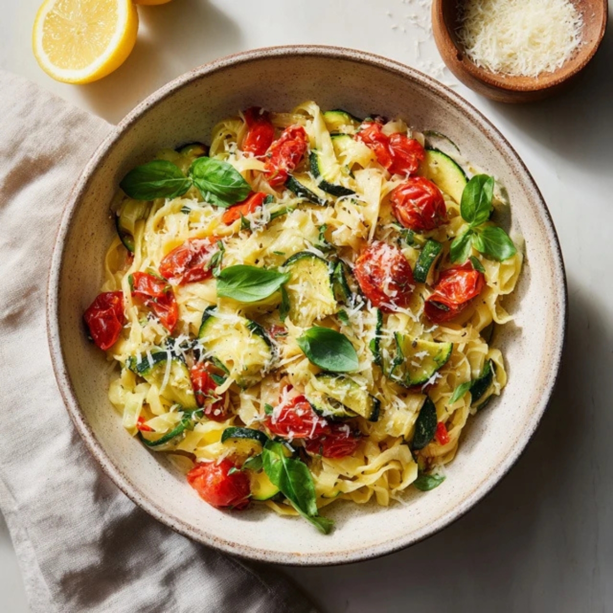 Zucchini tomato pasta with basil and Parmesan in a bowl