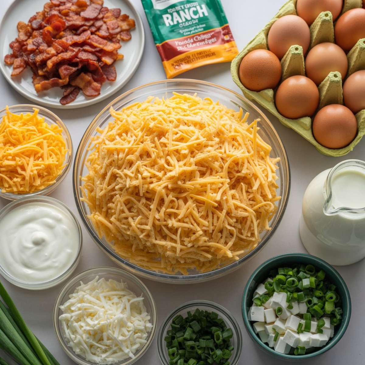 Ingredients for crack breakfast casserole with bacon cheese eggs and hash browns