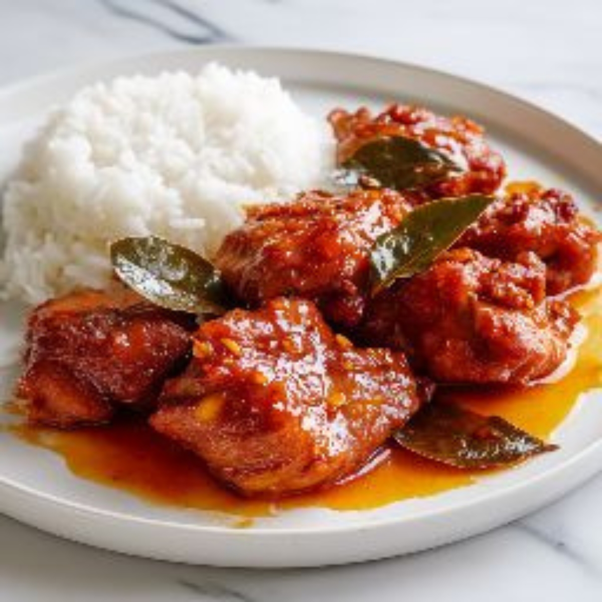 Filipino asado chicken with rice on white plate