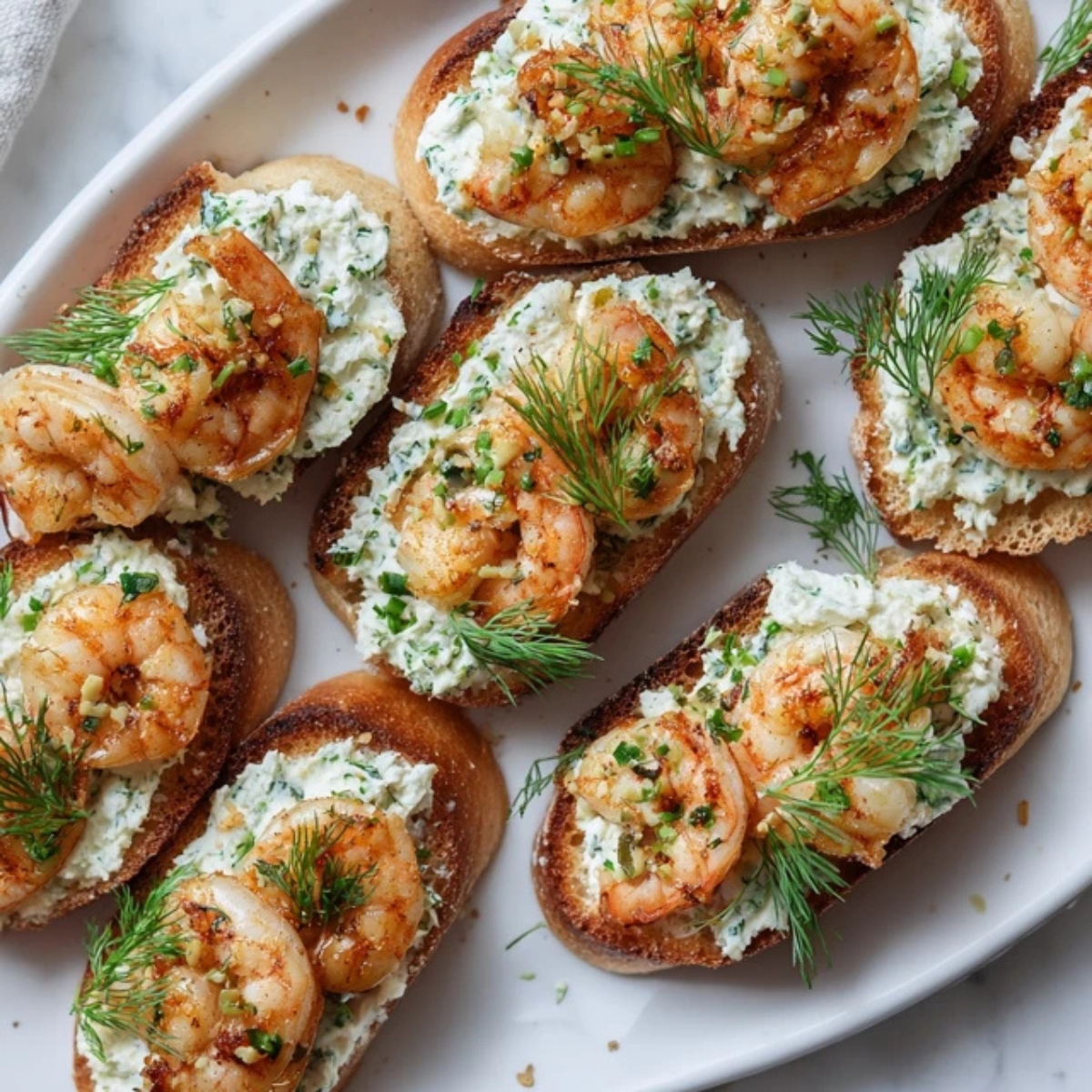 Shrimp crostini with garlic shrimp and herbs on a serving platter