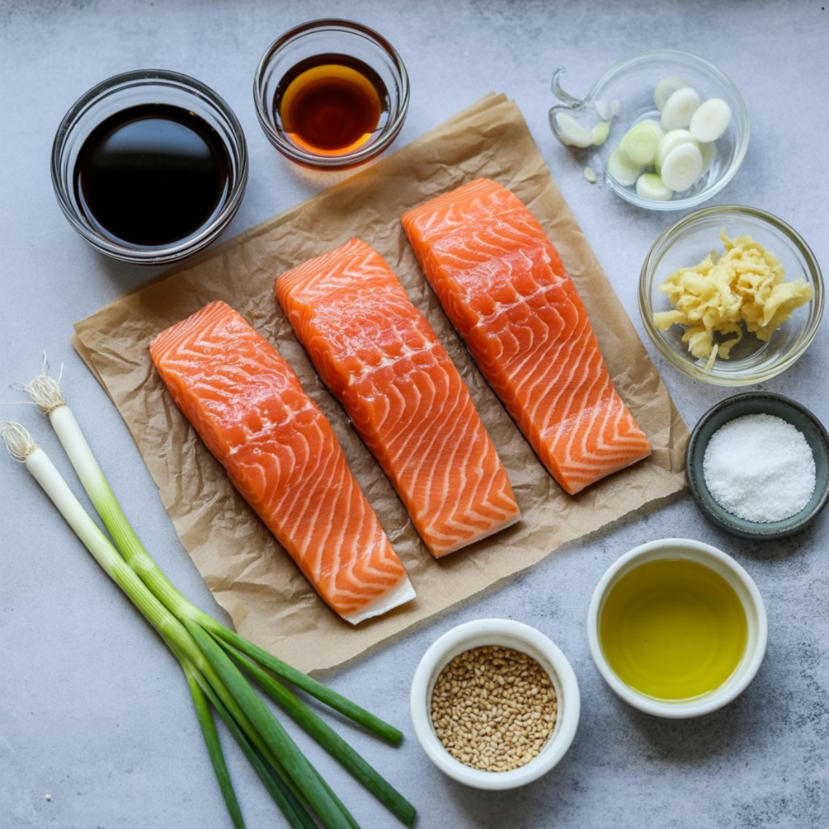 Fresh ingredients for baked teriyaki salmon on white counter