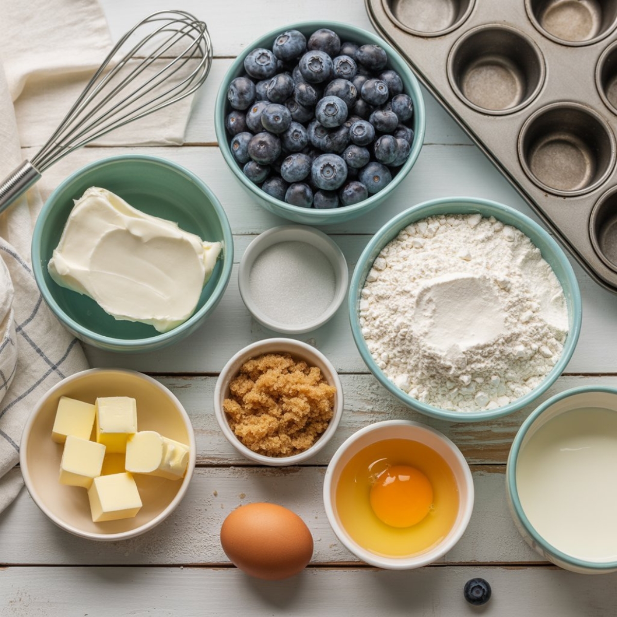 Ingredients for blueberry cream cheese muffins on kitchen counter