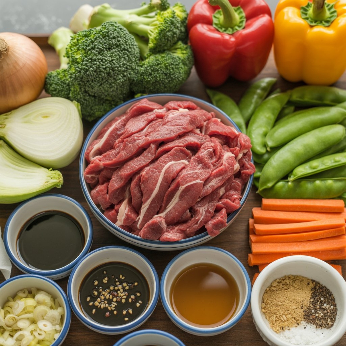 Fresh beef stir fry ingredients with vegetables and sauces on kitchen counter