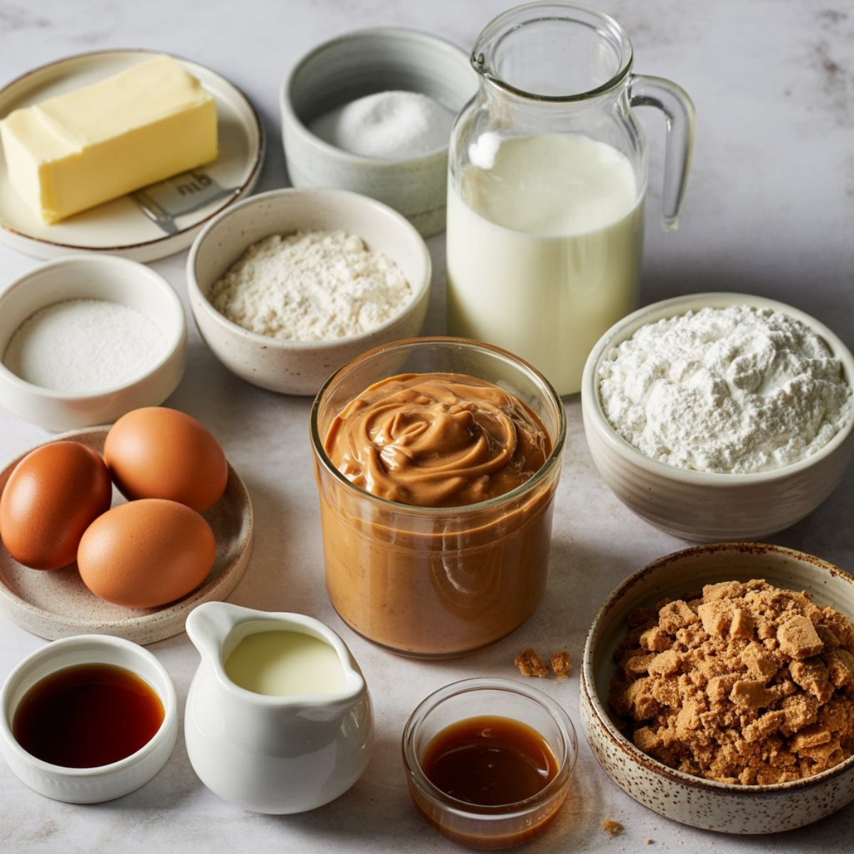 flat lay of Biscoff cake ingredients in bowls and jars