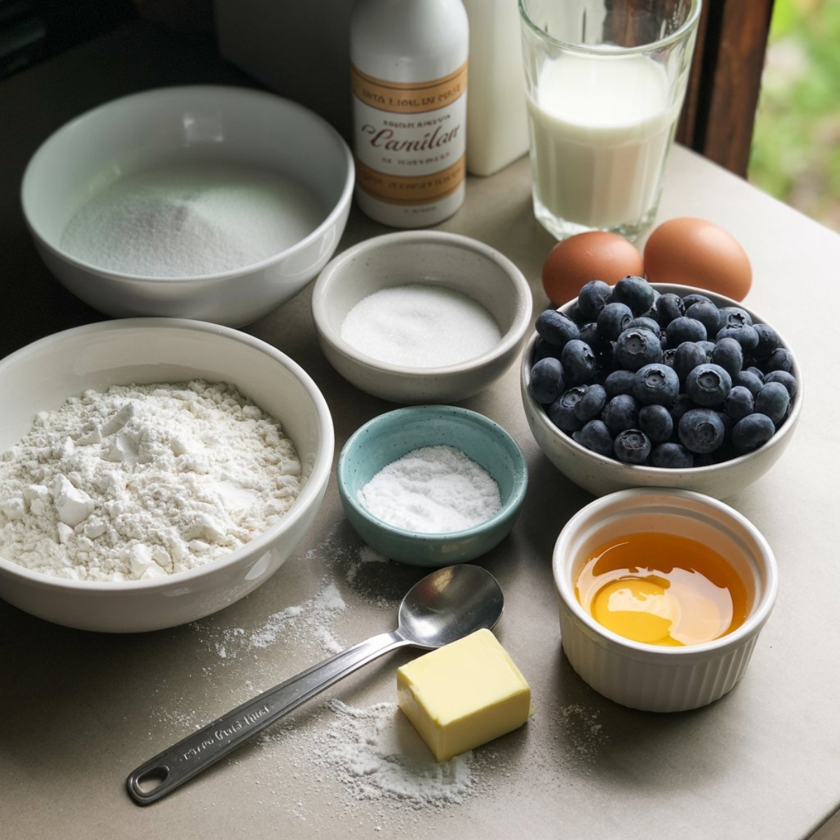 Measured ingredients for homemade blueberry baked donuts on white kitchen