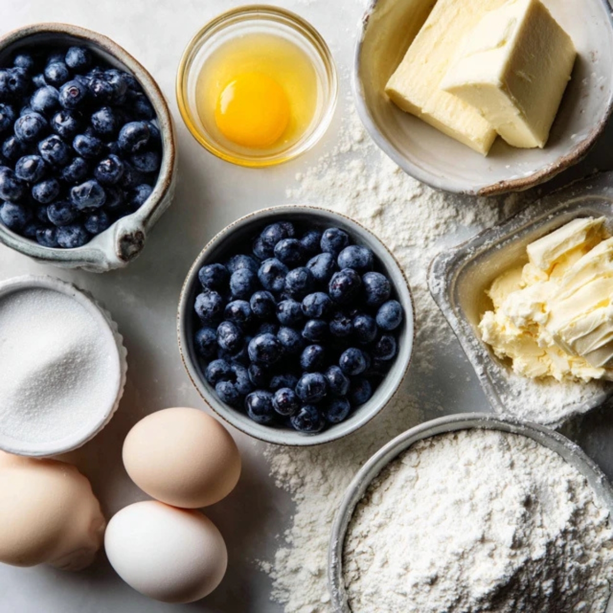  Ingredients for homemade blueberry baked donuts on white kitchen counter