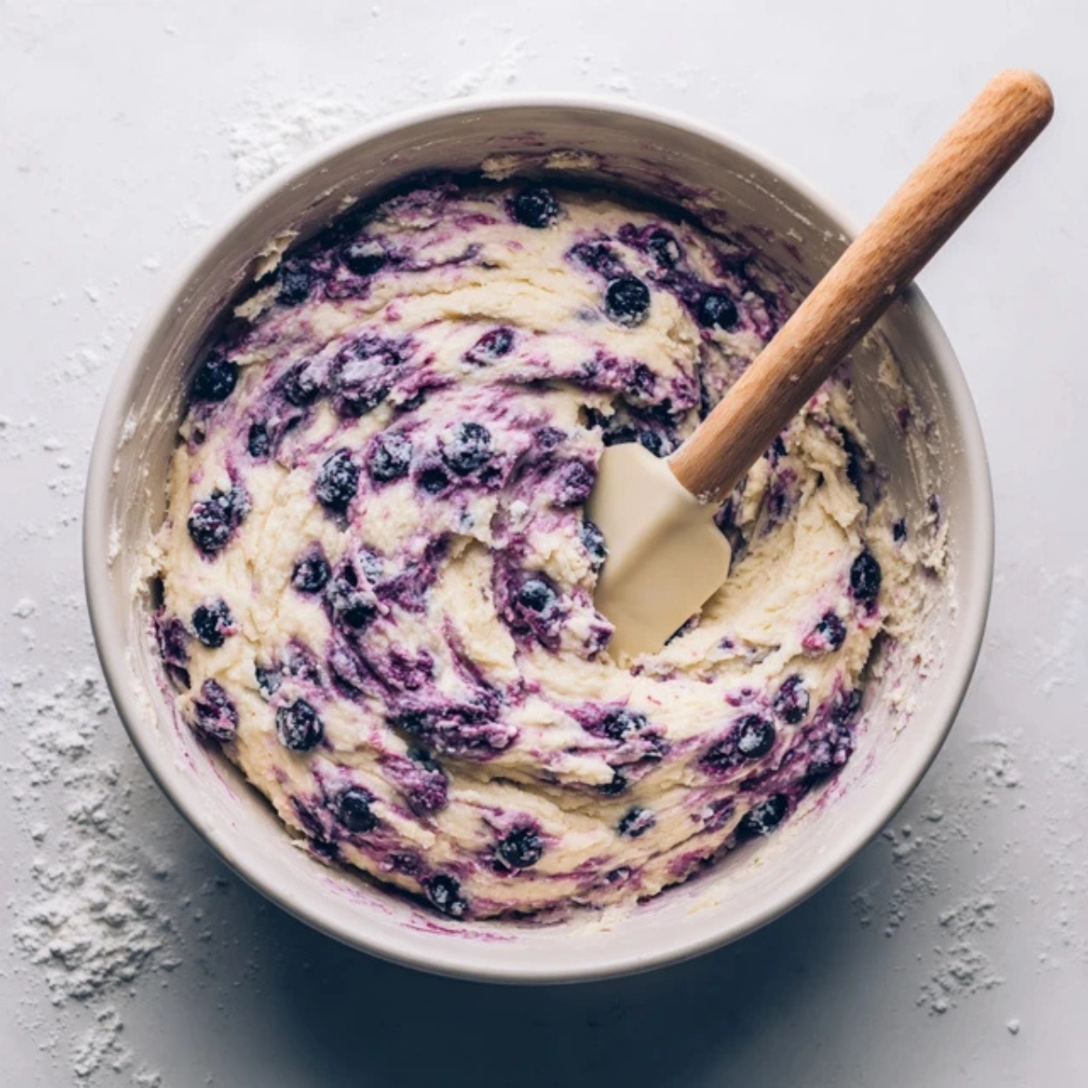 Blueberry donut batter in mixing bowl on white kitchen counter