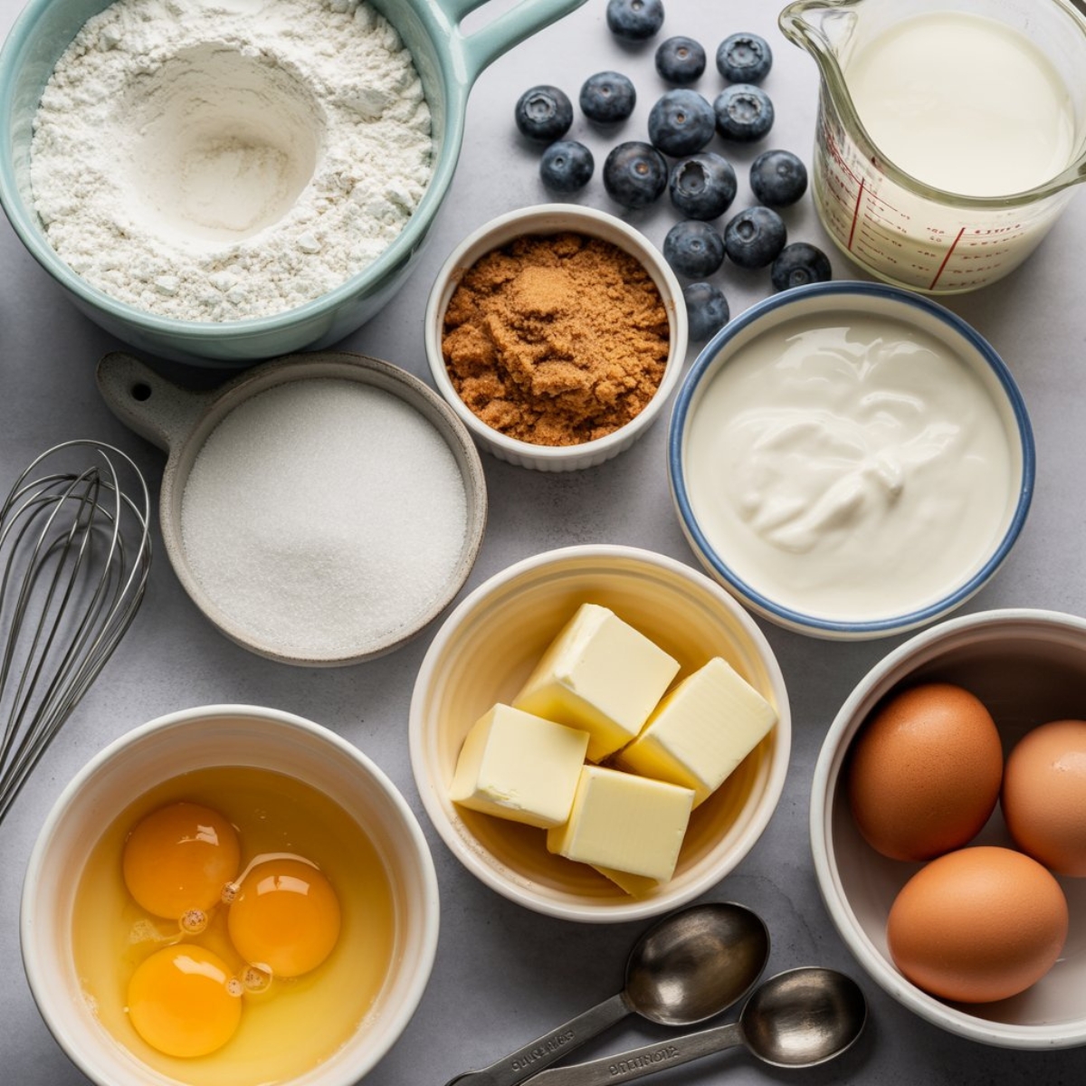 ingredients for blueberry muffins with streusel topping flat lay