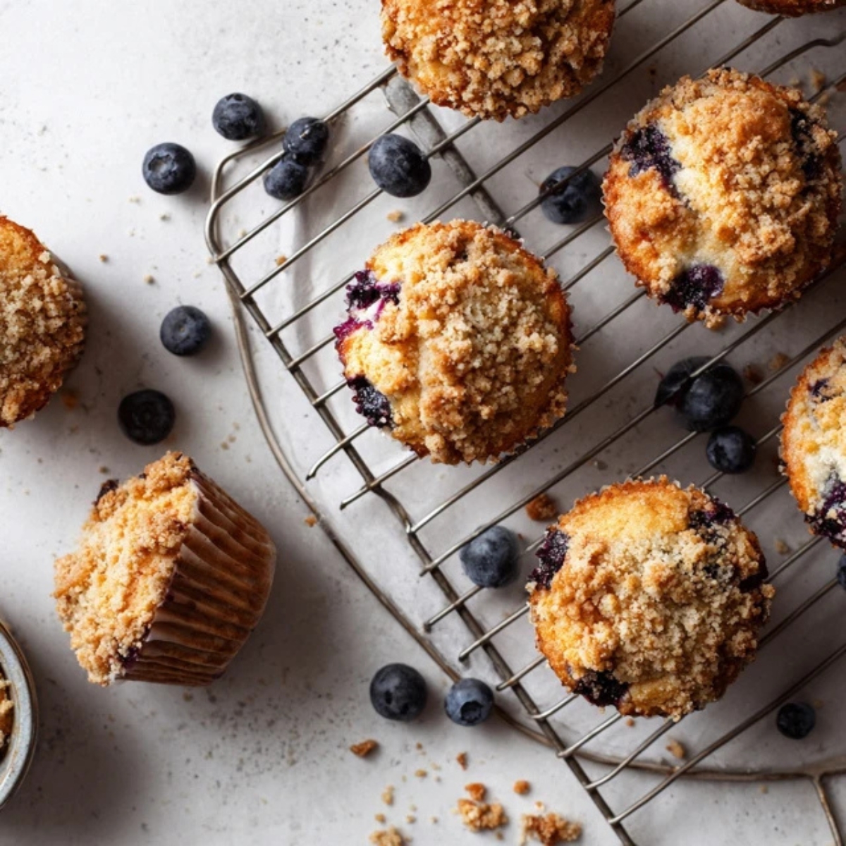 bakery-style blueberry muffins with streusel topping on white counter
