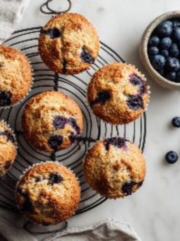 fluffy blueberry protein muffins cooling on wire rack