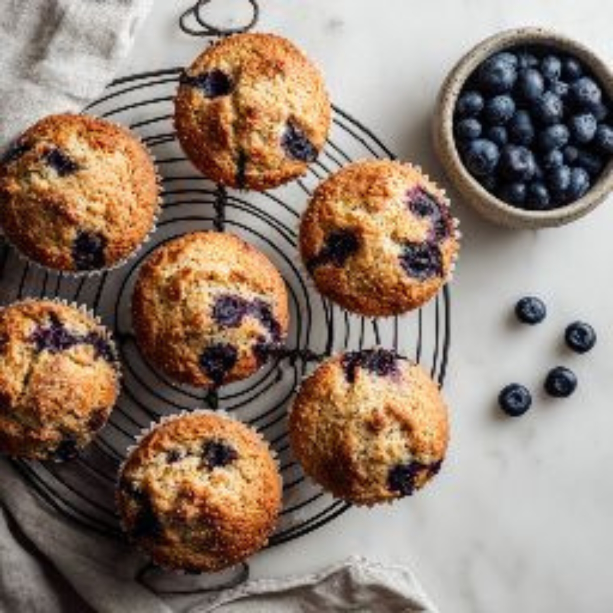 fluffy blueberry protein muffins cooling on wire rack