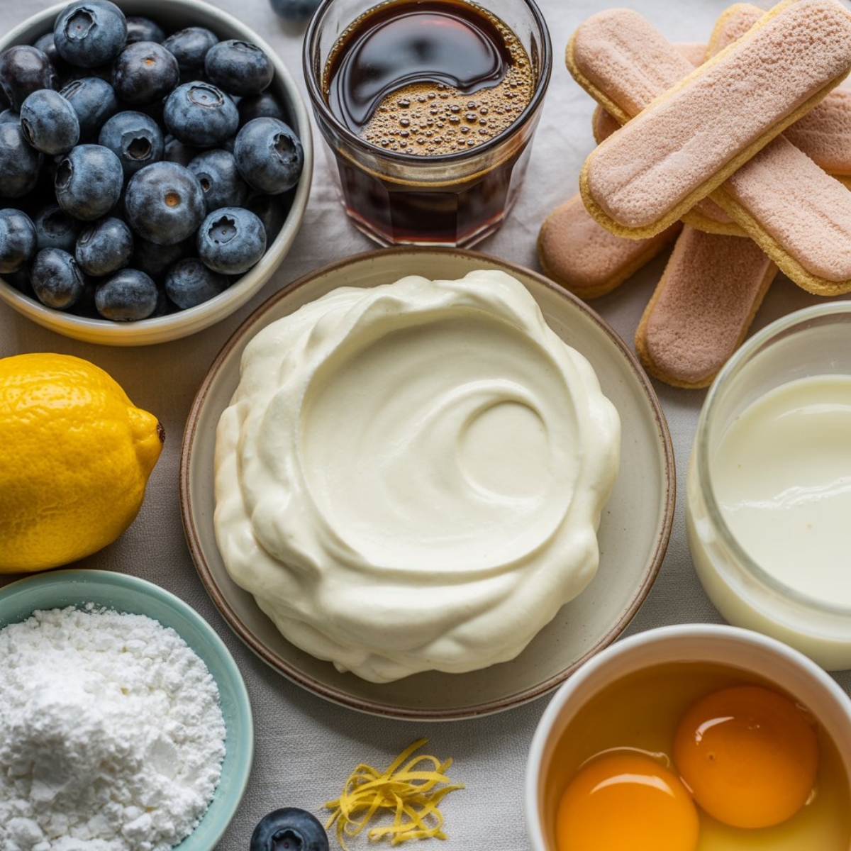 Fresh ingredients for blueberry tiramisu on white kitchen counter