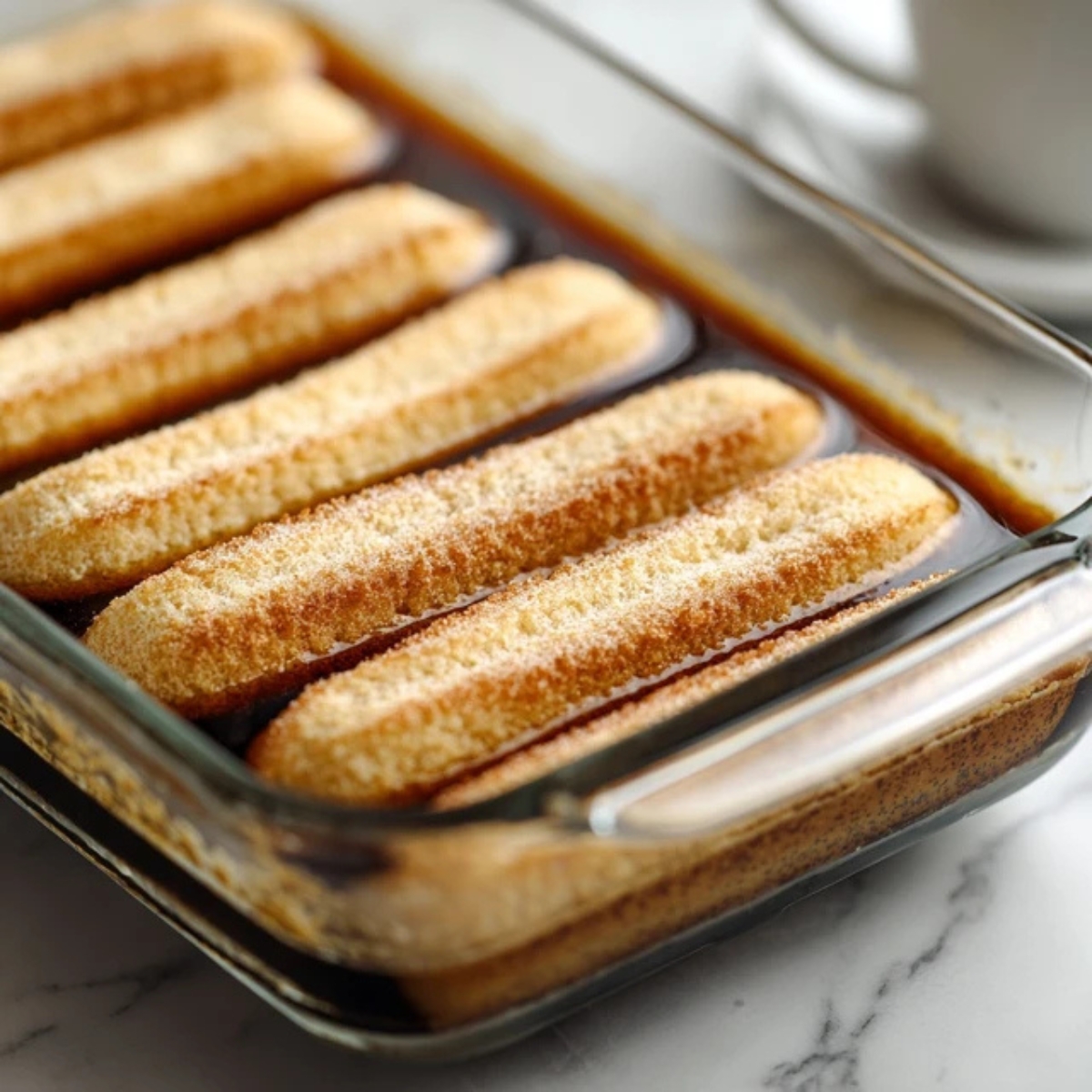  Coffee-soaked ladyfingers in baking dish.