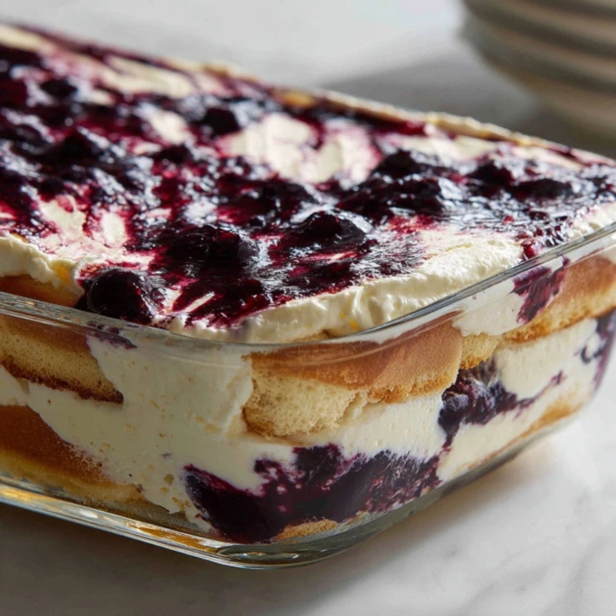 Blueberry tiramisu layers in glass baking dish.
