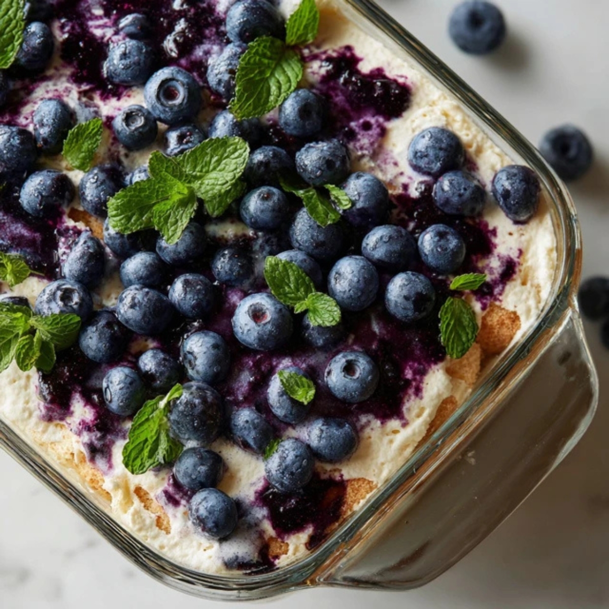 Homemade blueberry tiramisu with fresh berries and mint.