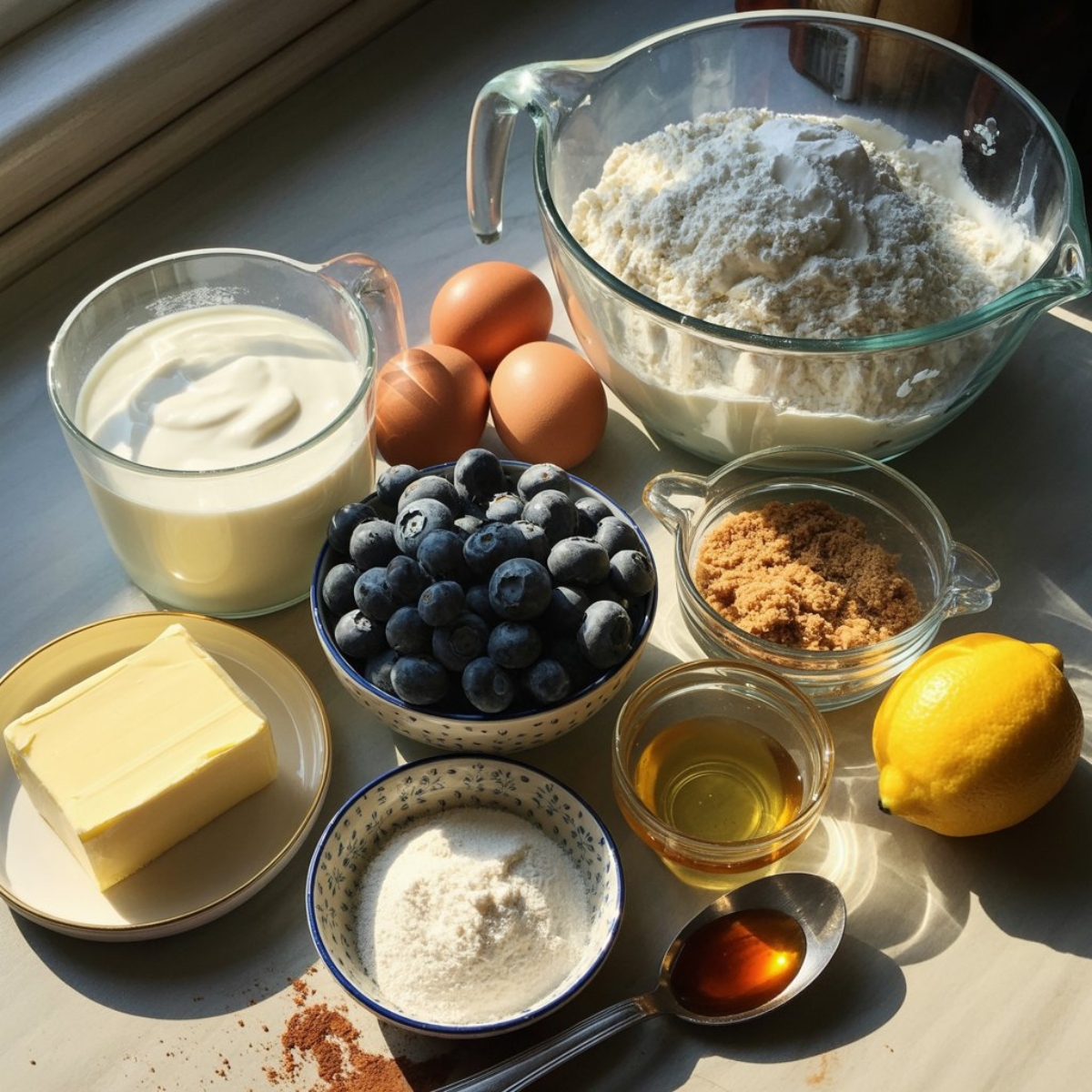 Ingredients for homemade blueberry yogurt cake on white counter