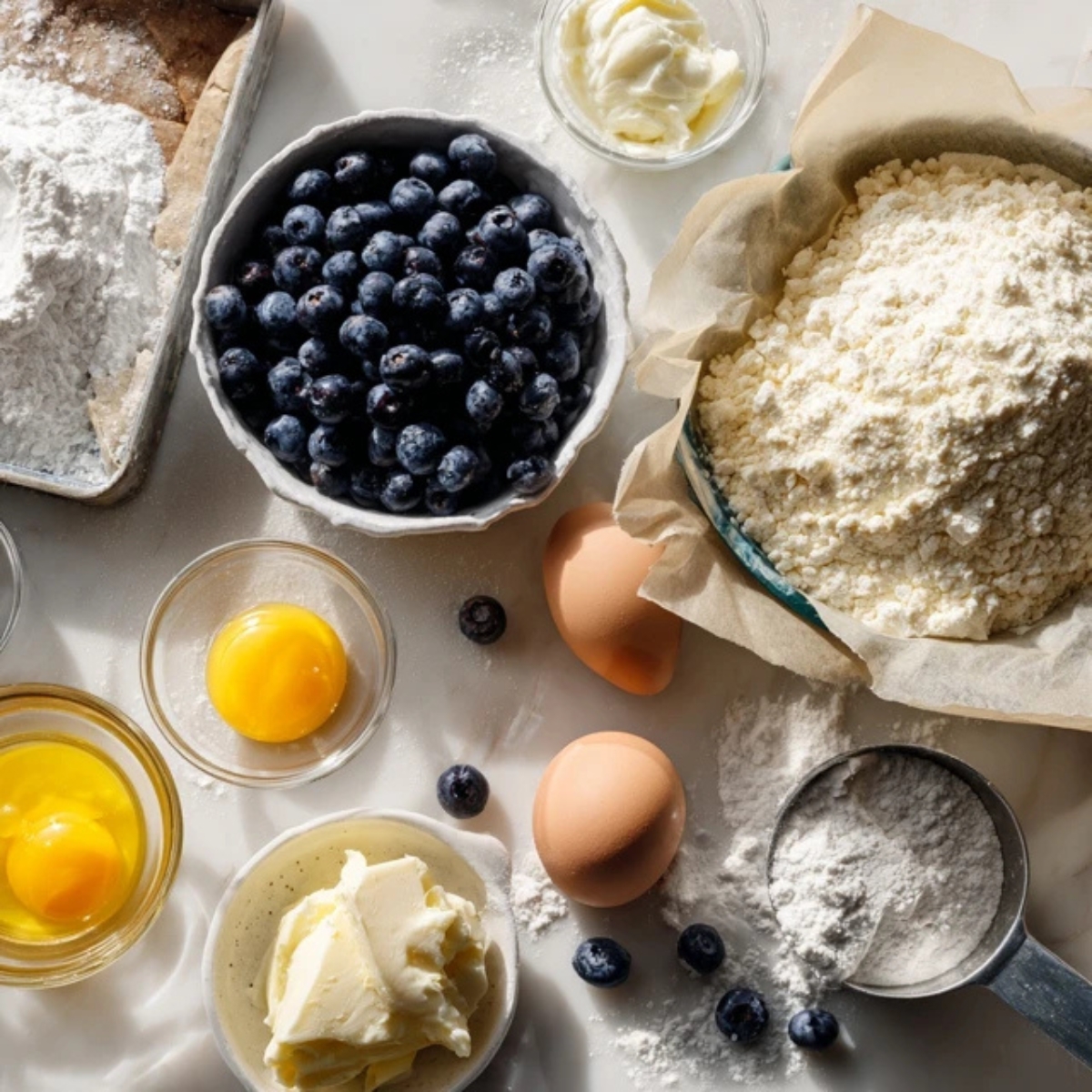 Ingredients for blueberry yogurt cake on white counter