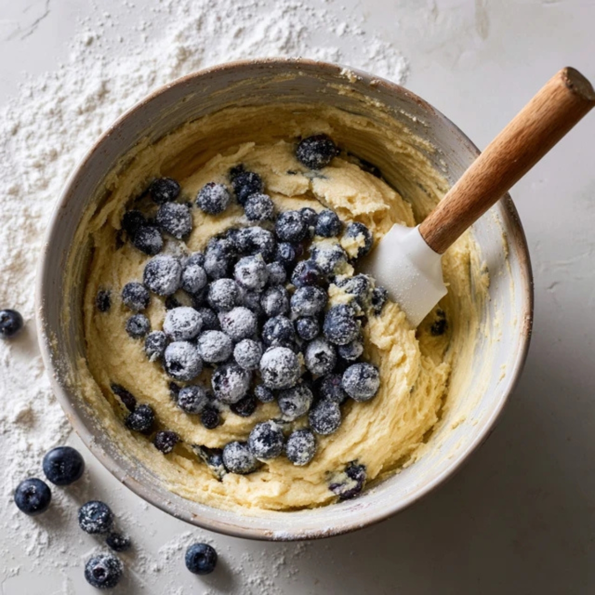 Blueberry yogurt cake batter with berries folded in