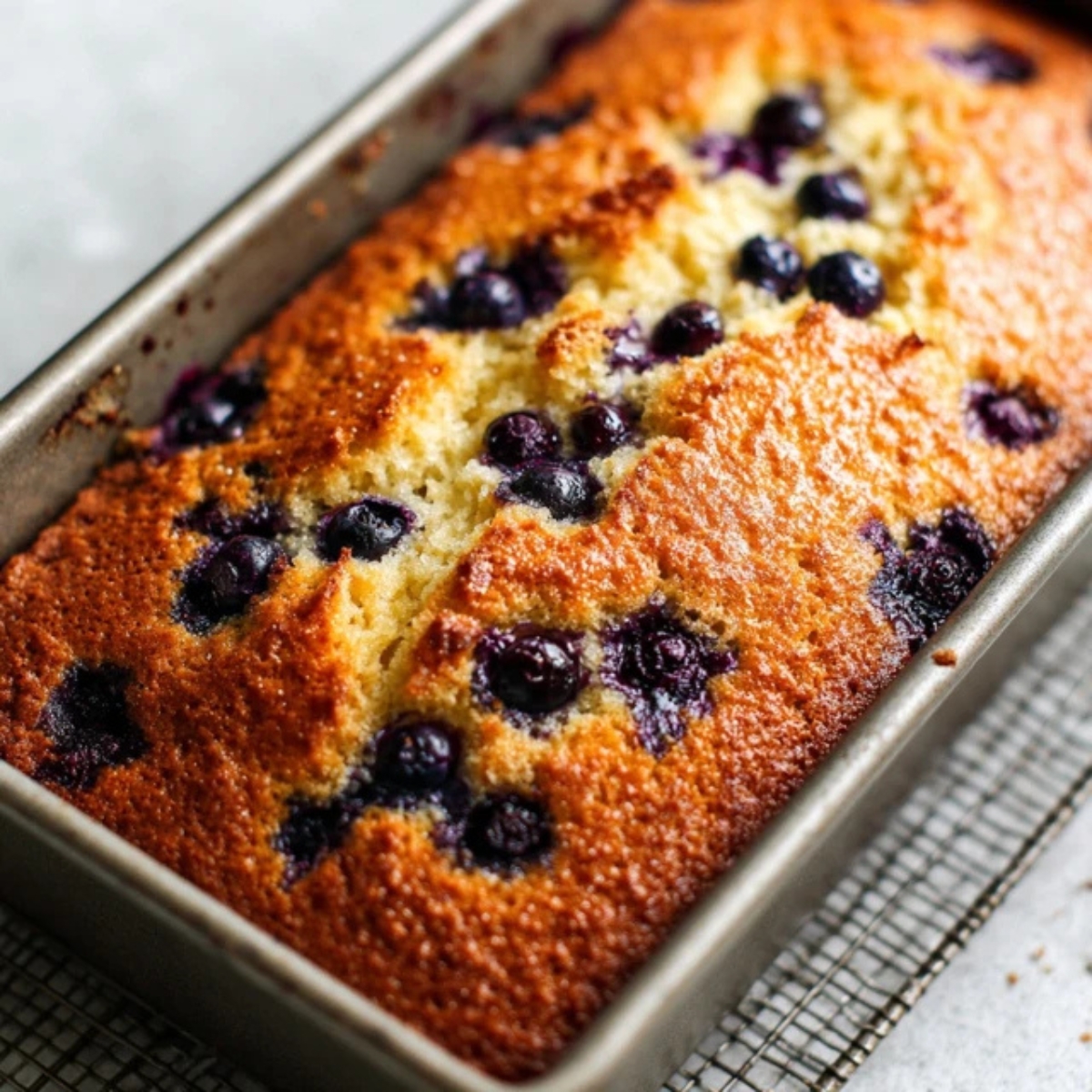 Freshly baked blueberry yogurt cake cooling in pan