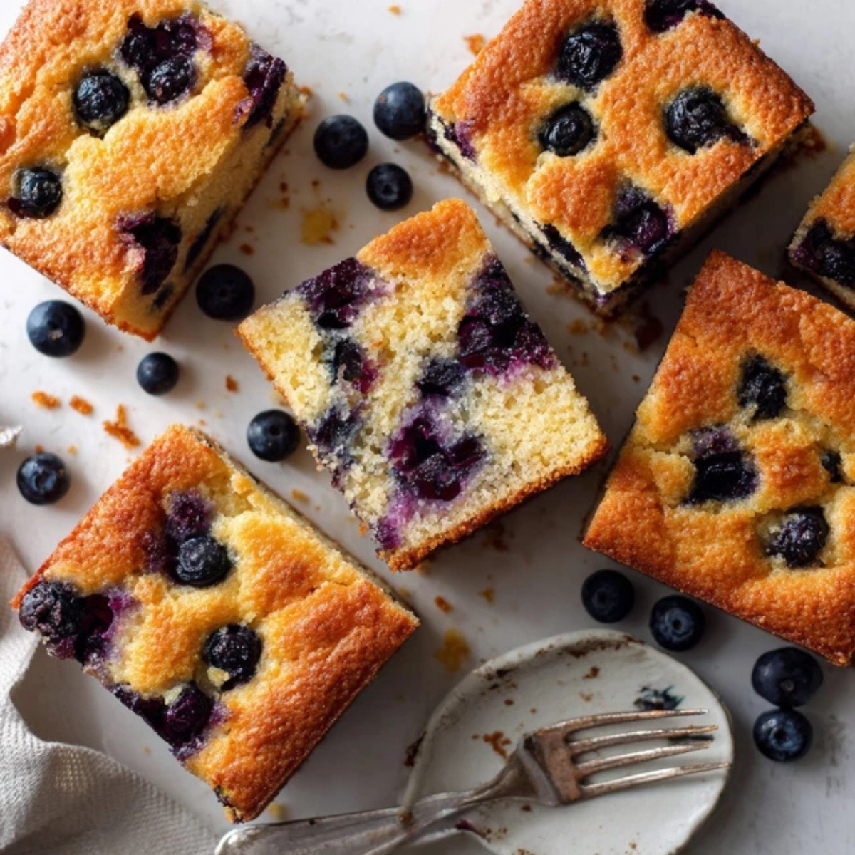 Homemade blueberry yogurt cake sliced on white counter