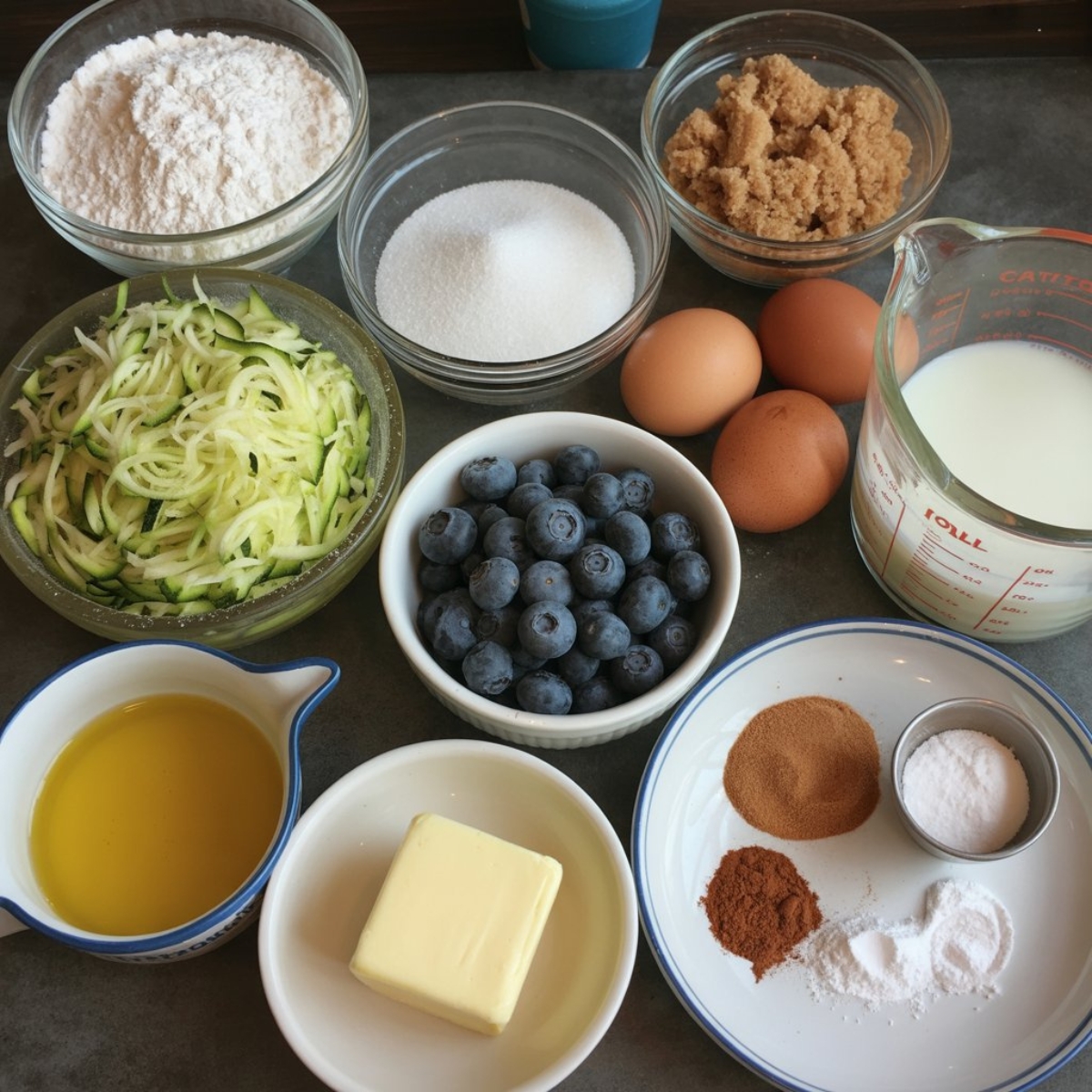 Ingredients for blueberry zucchini cake on white counter