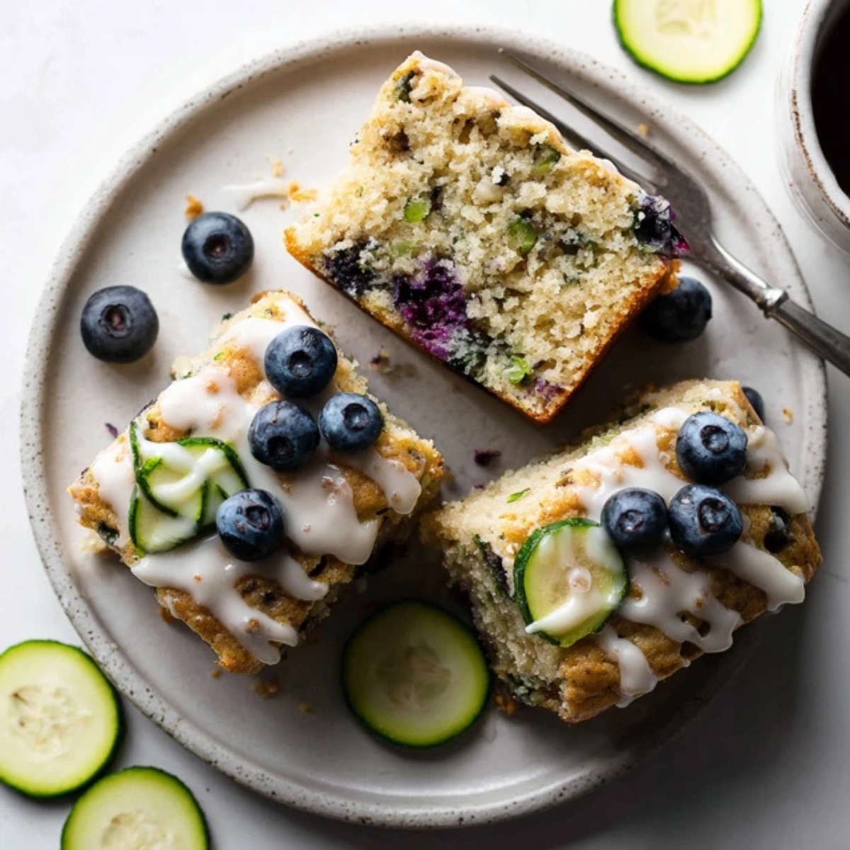 Moist blueberry zucchini cake with glaze on white counter