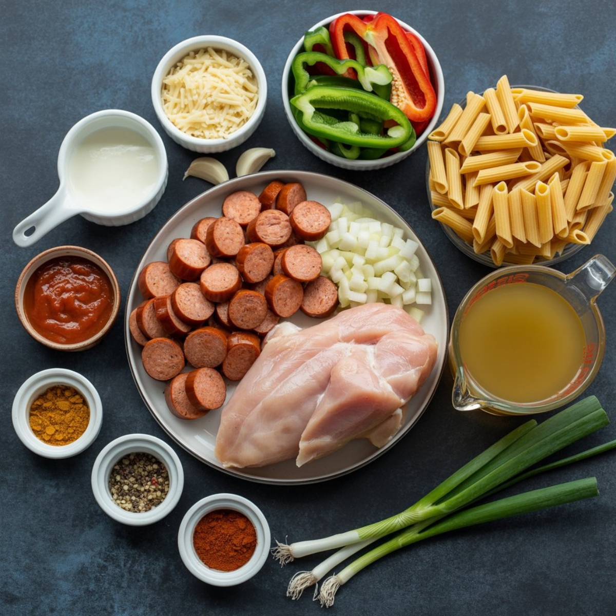 cajun chicken sausage pasta ingredients on white counter