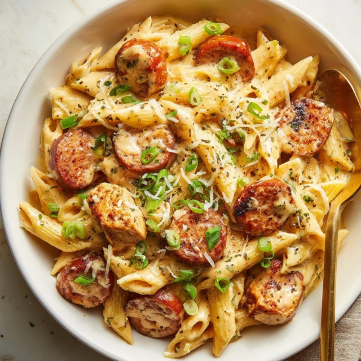 creamy cajun chicken sausage pasta with penne in white bowl