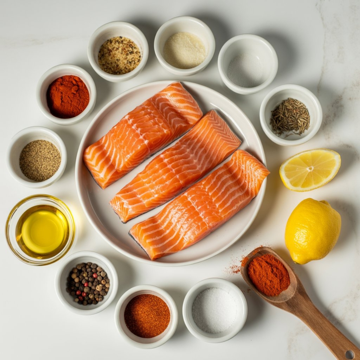 Raw salmon fillets with cajun spices and lemon wedges on kitchen counter