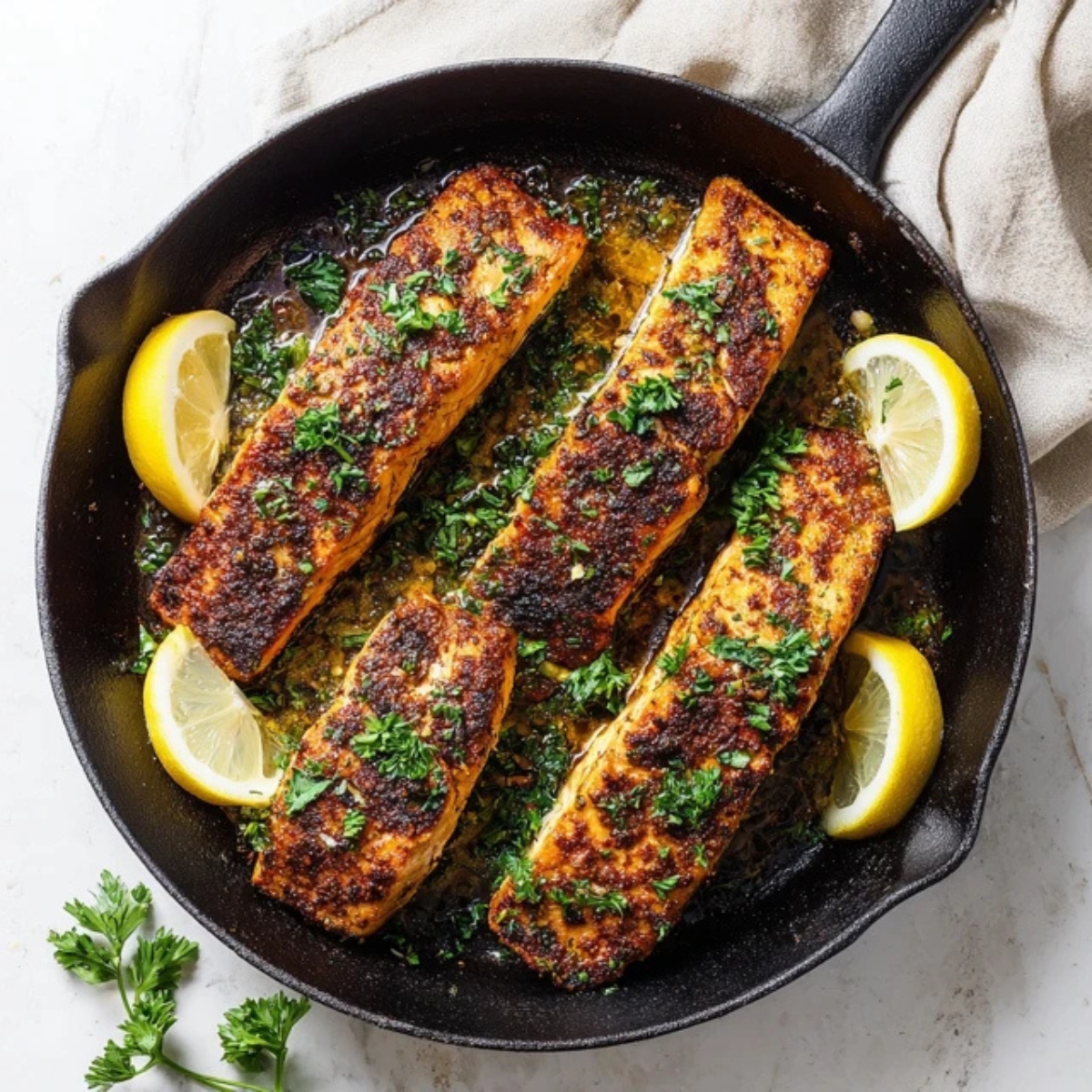 Cajun salmon fillets with crispy spice crust and lemon wedges