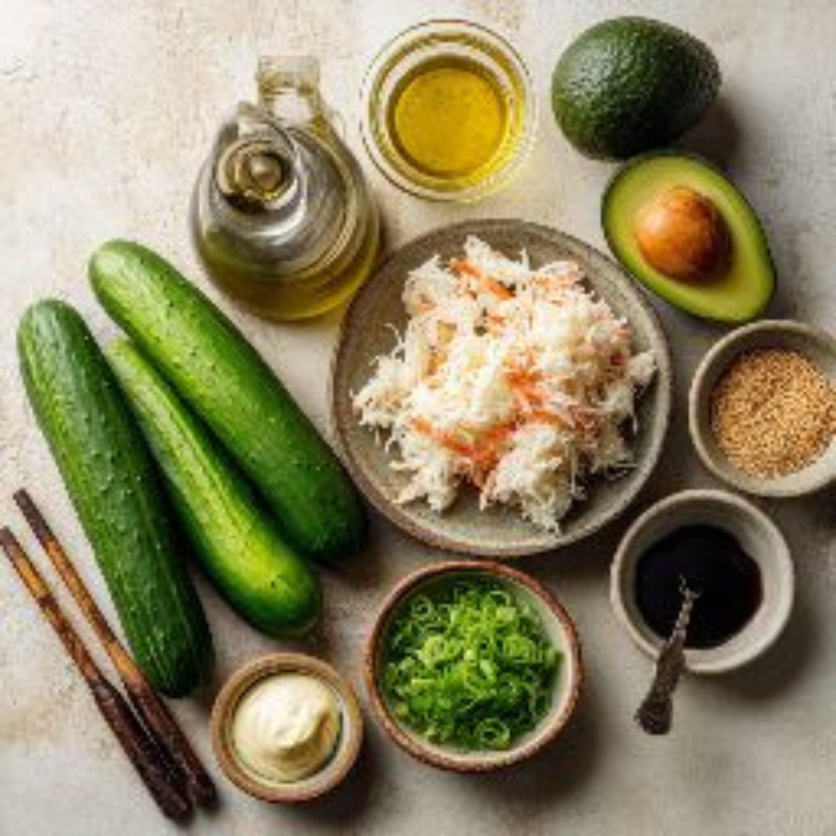 ingredients for california roll cucumber salad on counter