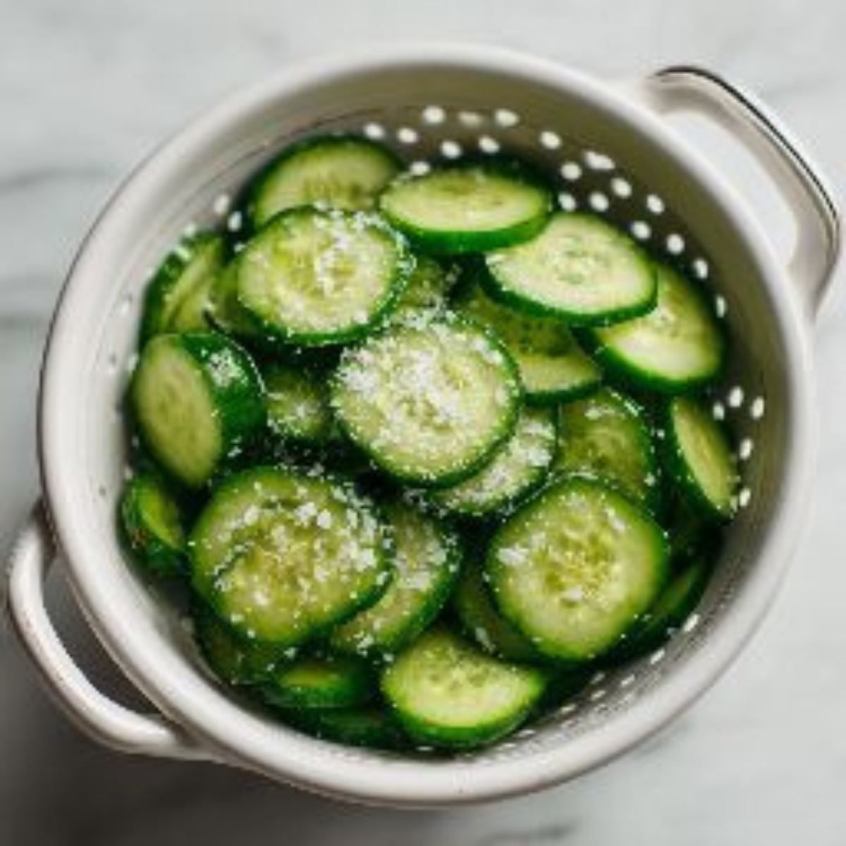 sliced cucumbers with salt in colander