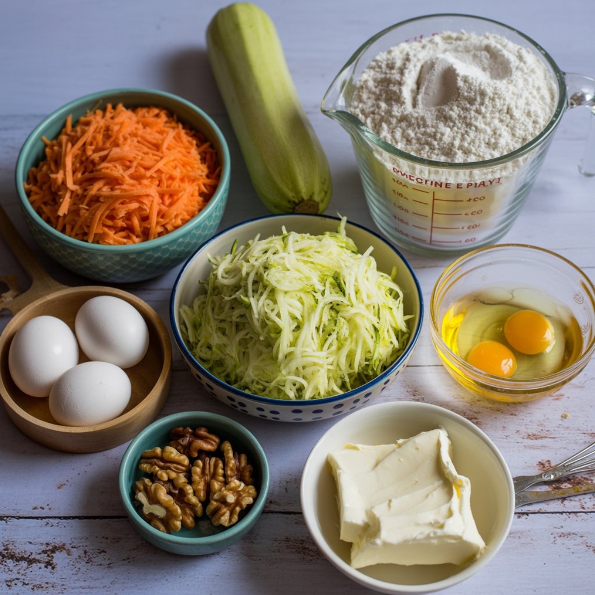 carrot zucchini cake ingredients on white counter