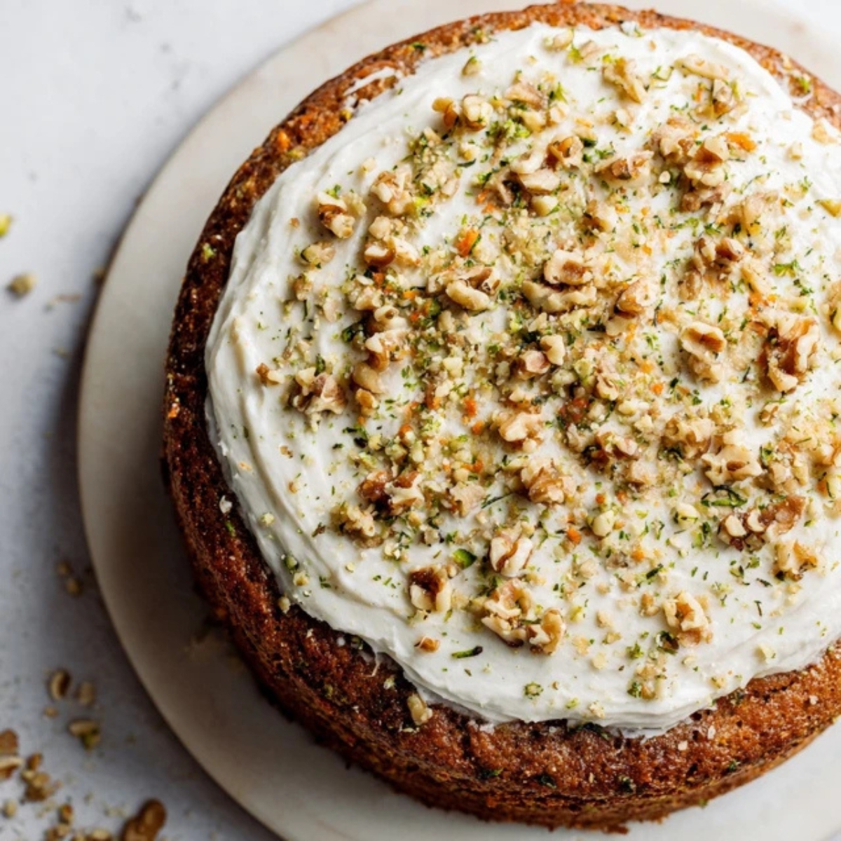 moist carrot zucchini cake with cream cheese frosting on white counter