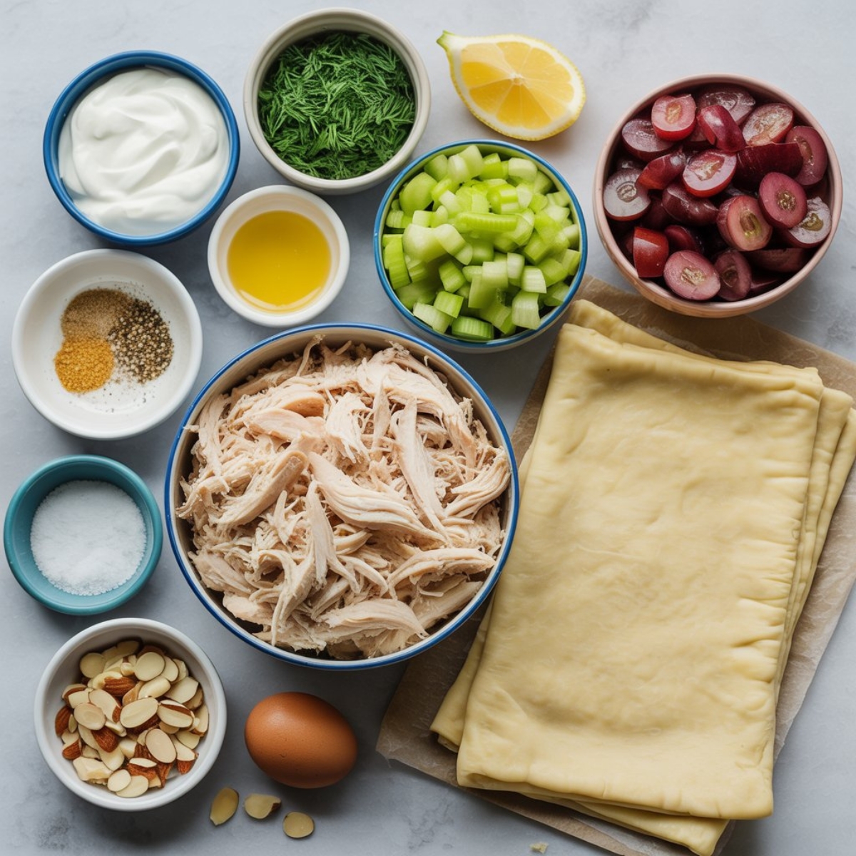 Chicken salad puff ingredients laid out on white kitchen counter

