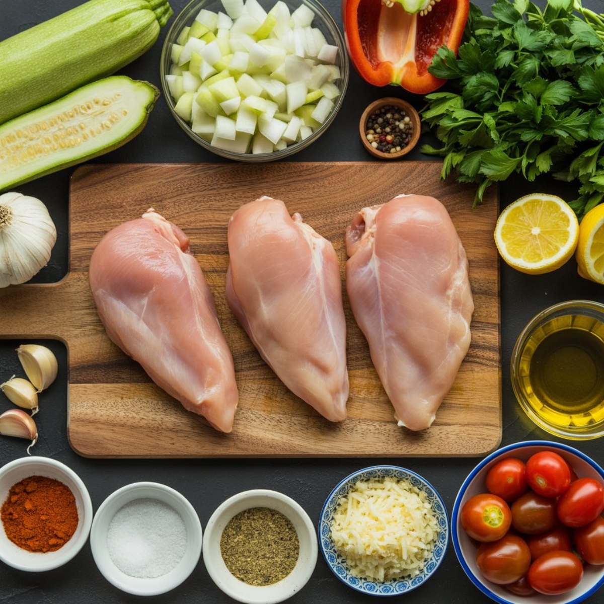 Fresh chicken zucchini skillet ingredients flat lay on white counter