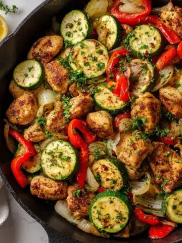 Healthy chicken zucchini skillet with vegetables in cast iron pan