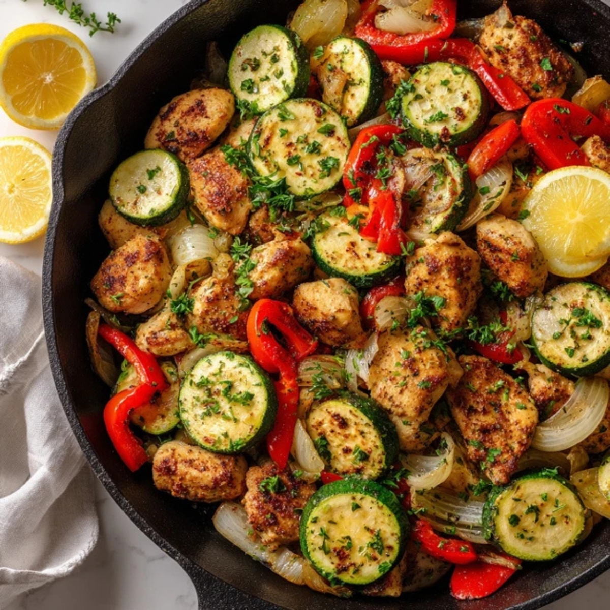 Healthy chicken zucchini skillet with vegetables in cast iron pan