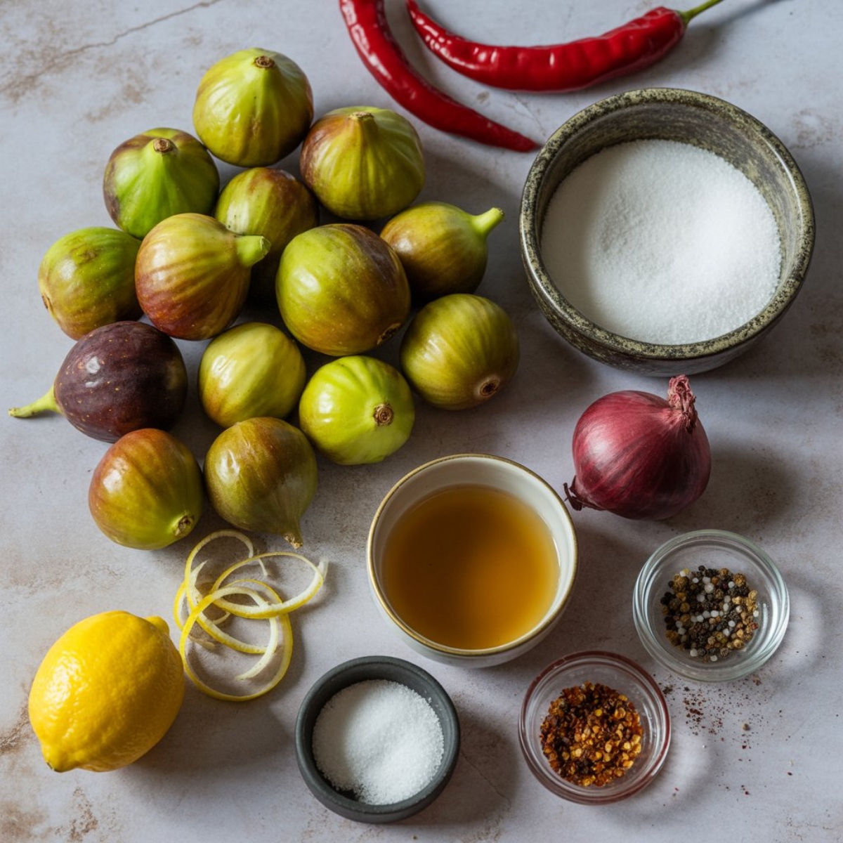 fresh figs, chilies, lemon, onion, and spices for chili fig jam