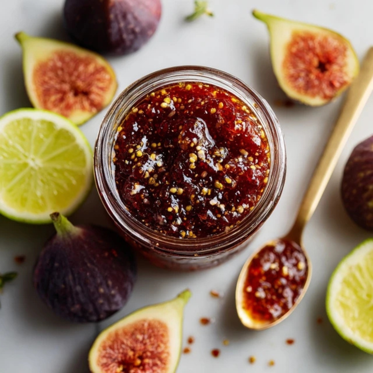 homemade chili fig jam in glass jar with fresh figs and lemon