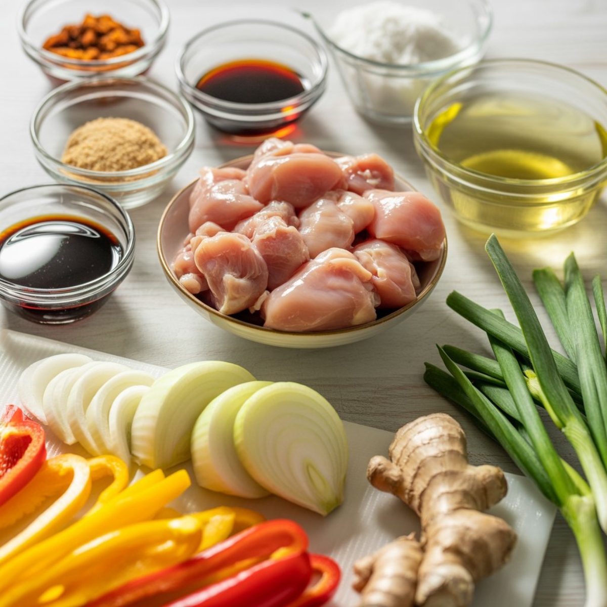 Chinese black pepper chicken ingredients arranged on white kitchen counter